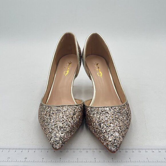 XYD Gold Glitter D'Orsay Low Heels Comfortable Slip-on Pointed Toe Sexy Pumps - Picture 3 of 8